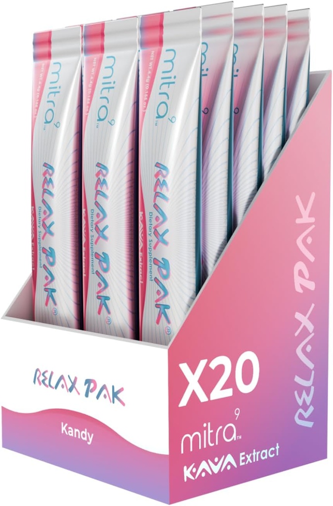 Mitra9 Kava Powder RelaxPak - Kandy Kava Extract Powder Packets | Mood Enhancer | Plant Based | Promuove la calma naturale & Clarity | Easy Open Single-Serving Stick (20)