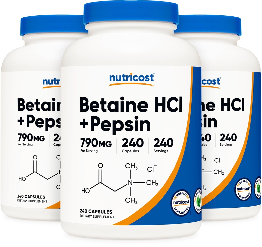Nutricost Betaine HCl + Pepsin 790mg, 240 capsule, 3 bottiglie (720 capsule)