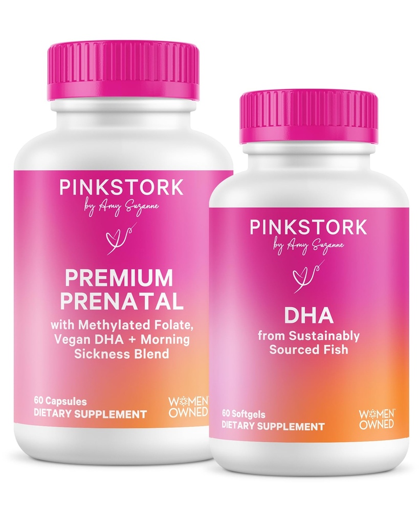 Pink Stork Premium Prenatal Duo: Vitamina Prenatale Premium + DHA, Probiotici Prenatali per le donne, Omega 3 + Fish Oil, Vitamina Prenatale con DHA e Acido Folico, Probiotici Prenatali per le donne