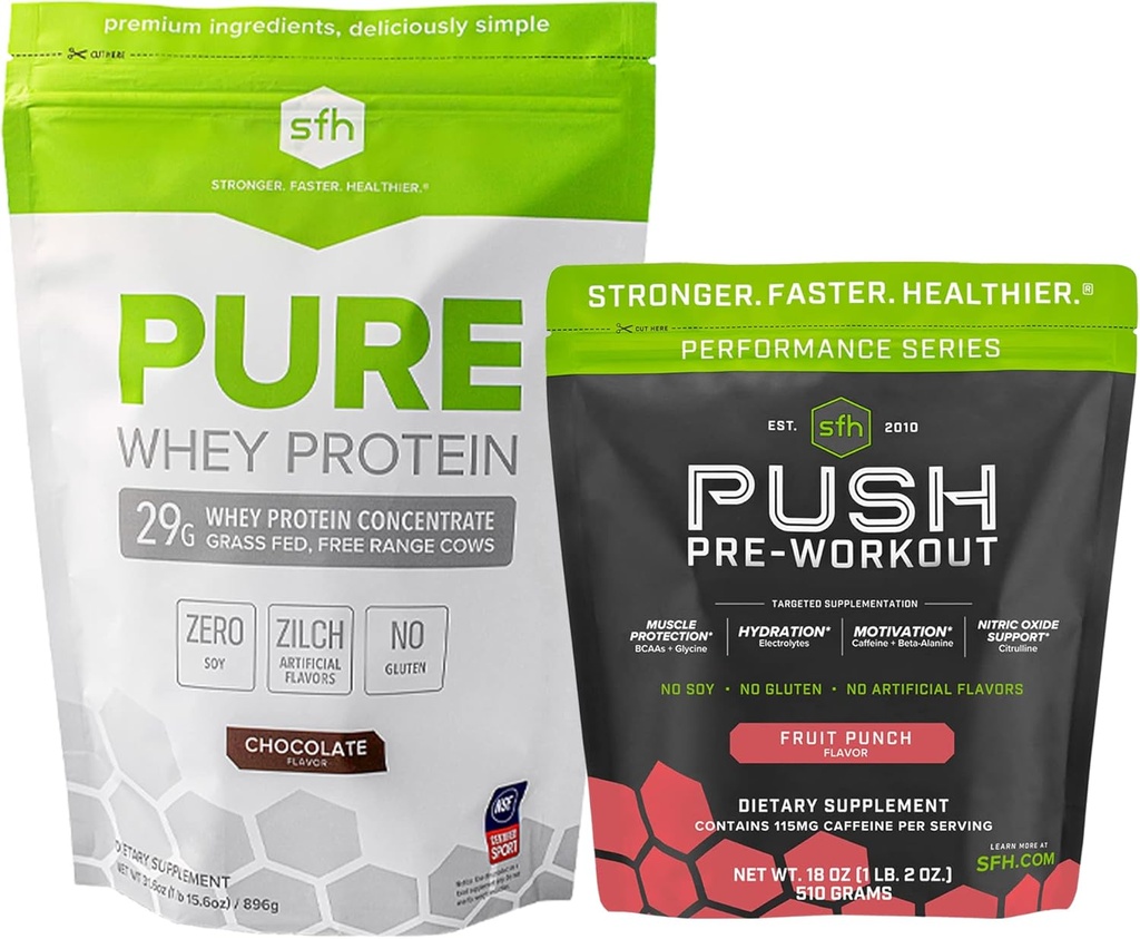 SFH Motivate & Gain Workout Bundle Pure Whey Chocolate Protein e Spingere la polvere pre-allenamento