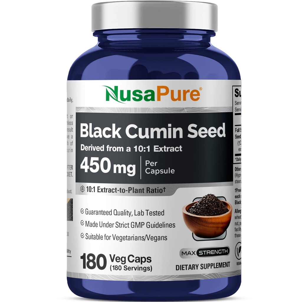 NusaPure pieno spettro nero Cumin Seed 10:1 estratto, 450 mg Equivalente a 4.500mg 180 polvere di verdure Caps Non-GMO, Vegan Non-Oily