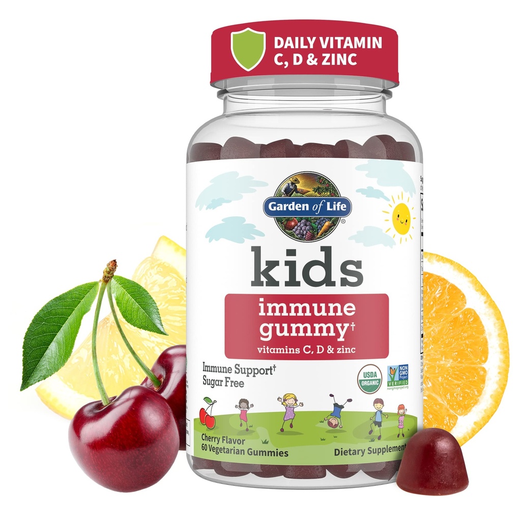 Giardino della vita Bambini Supporto immunitario Gummies con vitamina C, D come D3 & Zinco per 3 in-1 Immunità quotidiana dei bambini – Organico, Non OGM, Senza glutine, Vegetariano, Zucchero Libero, Aroma di ciliegia, Alimentazione di 30 giorni
