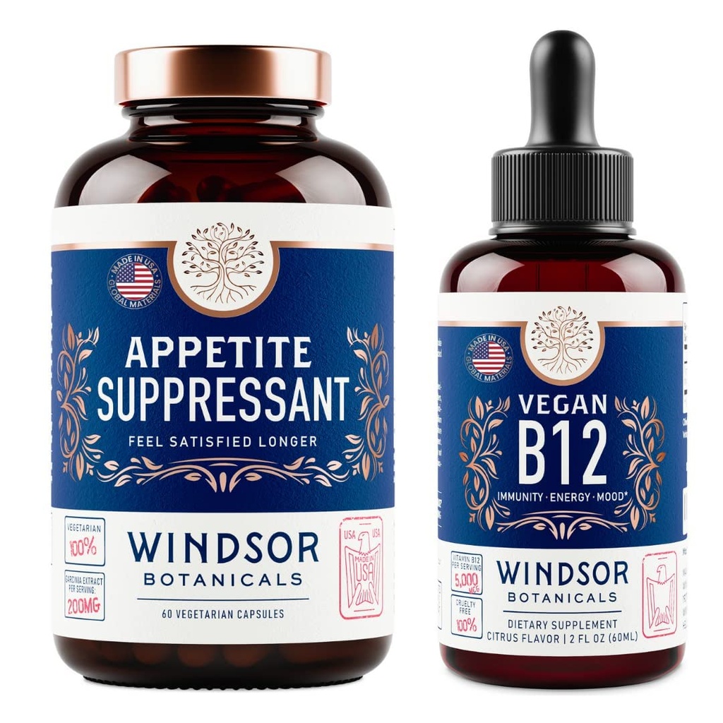 WINDSOR BOTANICALS Appetite Suppressant per la perdita di peso e Vegan B12 Liquid Bundle