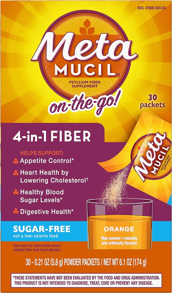 Metamucil Fiber 4-in-1 Psyllium Fiber Supplemento Zucchero-Free Polvere Single-Serve Packets Orange Flavored Drink 2 scatole di 30 pacchetti (OLD)