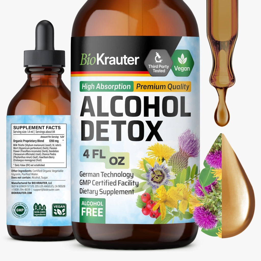 BIO KRAUTER Alcohol Detox Tincture - Formula per la pulizia del fegato - Latte Thistle & Dandelion - Estratto liquido di disintossicazione del fegato - Alcol and Sugar Free - Vegan Drops 4 Fl.Oz.