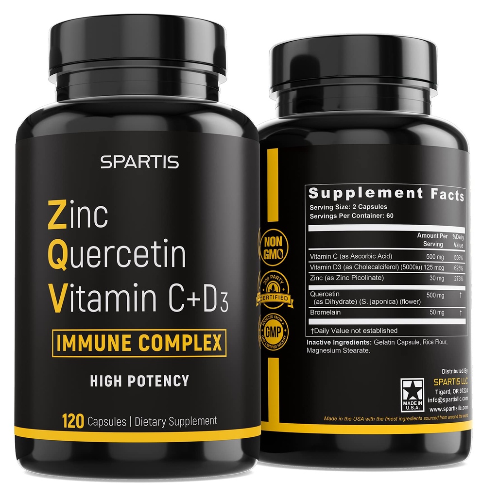 Zinc Quercetin 500mg con vitamina C Vitamina D3 Bromelain Supporto Immune High Potency Quercetin Zinc Supplement ZQV by SPARTIS (Pacchetto di 1 bottiglia a 120-Caps)
