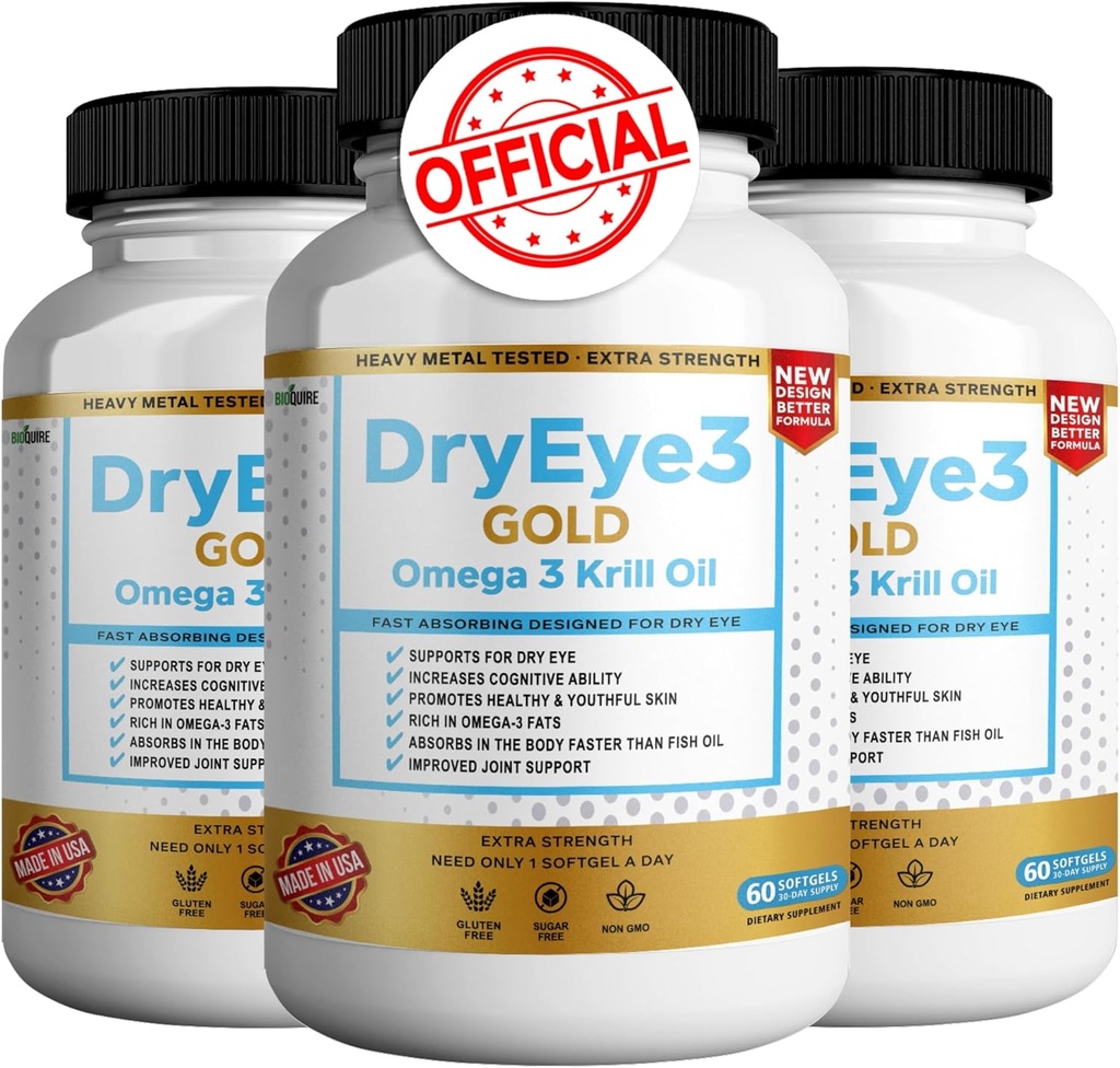 Occhio secco 3 Oro Omega 3 Krill Olio Extra Forza, 60 Softgels, Supporto per occhi asciutti, Non OGM, Senza glutine, Zucchero Libero (3)
