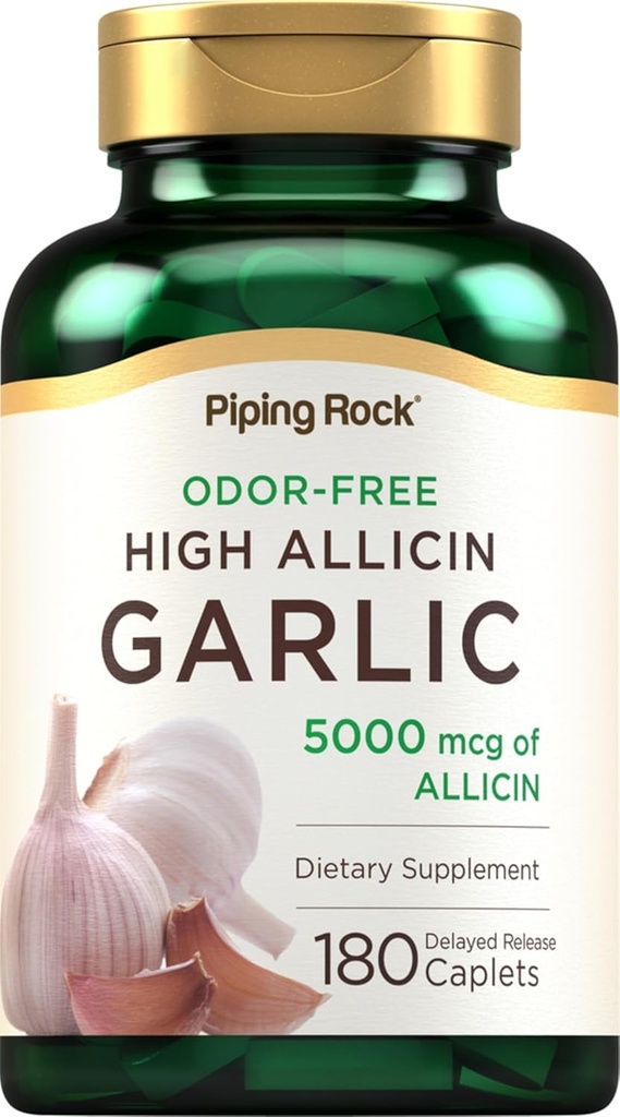 Piping Rock Odorless Aglio Pillole con Alta Allicin | 180 Caplets | Odor Free | Vegetariano, Non OGM, Gluten Free
