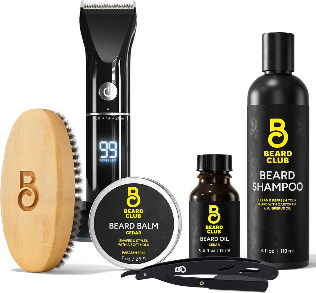 The Beard Club Grooming Bundle: Trimmer for Men & Care Kit - Include Trimmer elettrico senza fili, Rasoio bordo dritto, Shampoo, Cedro Balm & olio, Pennello - 8 guide, 45 lunghezze