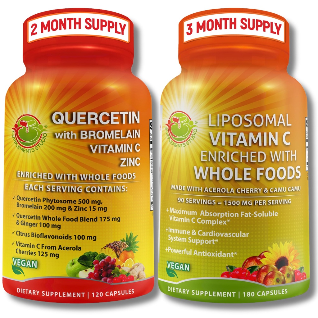 Quercetina con Bromelain, Vitamina C & Zinc & Vitamina C 1500mg – Supporto Immune Bundle con Ciliegia Acerola Organica, Camu & Antiossidanti Alimentari Interi – Vegan, Non OGM, Etichetta pulita
