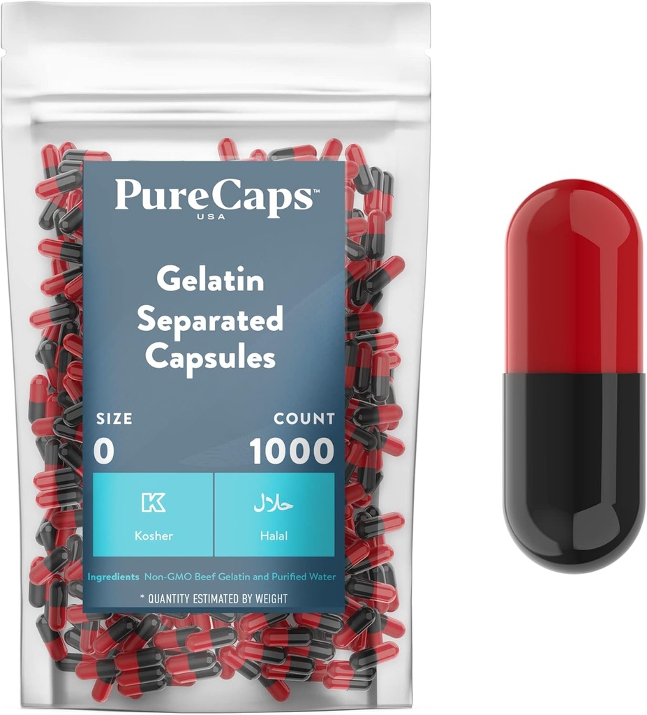 PureCaps USA - Empty Gelatin Capsules Size 0| 1,000 Pills| Black/Red| Certificato non OGM | SLS, Gluten, Preservative Free