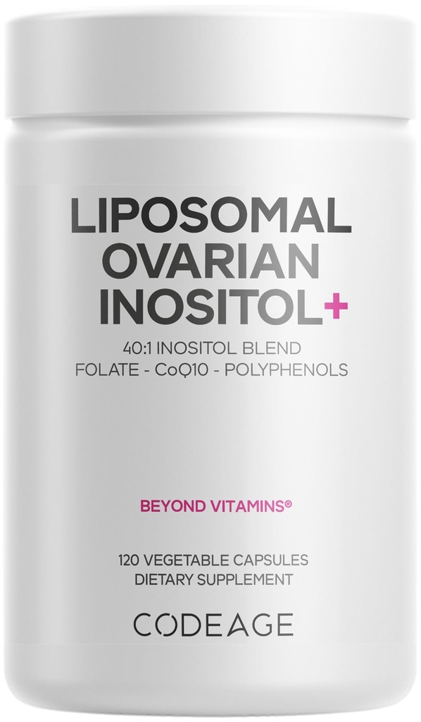 Codeage Liposomal Ovarian Inositol+ Supplemento - Myo-Inositol & D-Chiro-Inositol 40:1 Blend, Folate 5-MTHF, CoQ10, Pomegranate & Wild Blueberry, Liposomal Delivery, Non-OGM, Gluten-Free - 120 capsule
