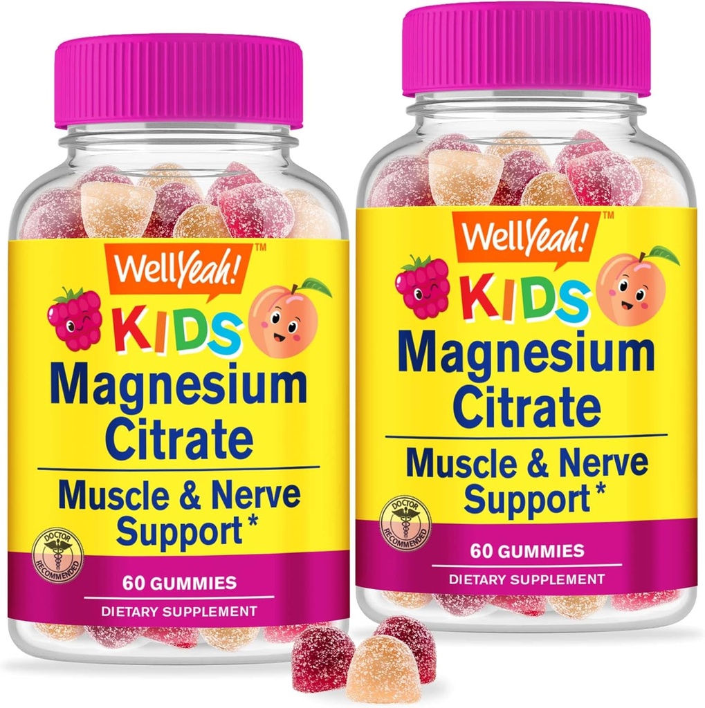 WellYes Magnesium Citrate Gummies per bambini (2 Pack) - Chewable Stress Relief Supplemento per bambini - Natural Calm, Mood Support, Non-GMO, Gluten Free - Natural Source Flavors - 60 Gummies