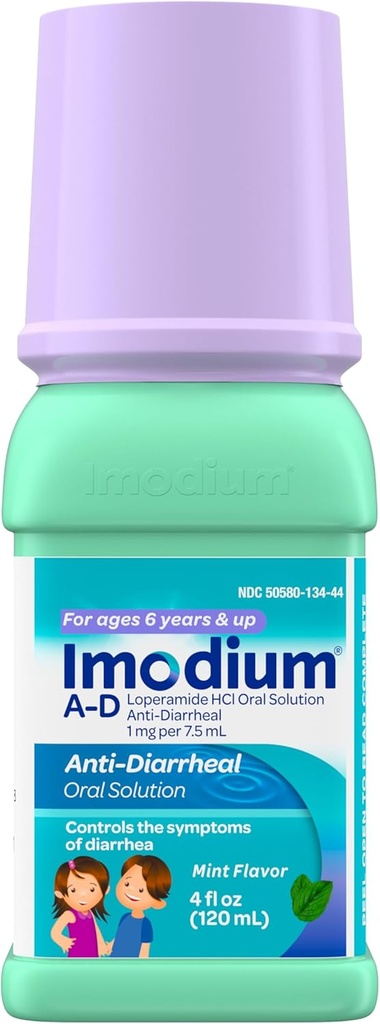 Imodium A-D Medicina Liquida Anti-Diarrheal per bambini con Loperamide HCl, Soluzione orale per il trattamento dei sintomi di diarrea per bambini Età 6+, Mint Flavor, 4 fl. oz