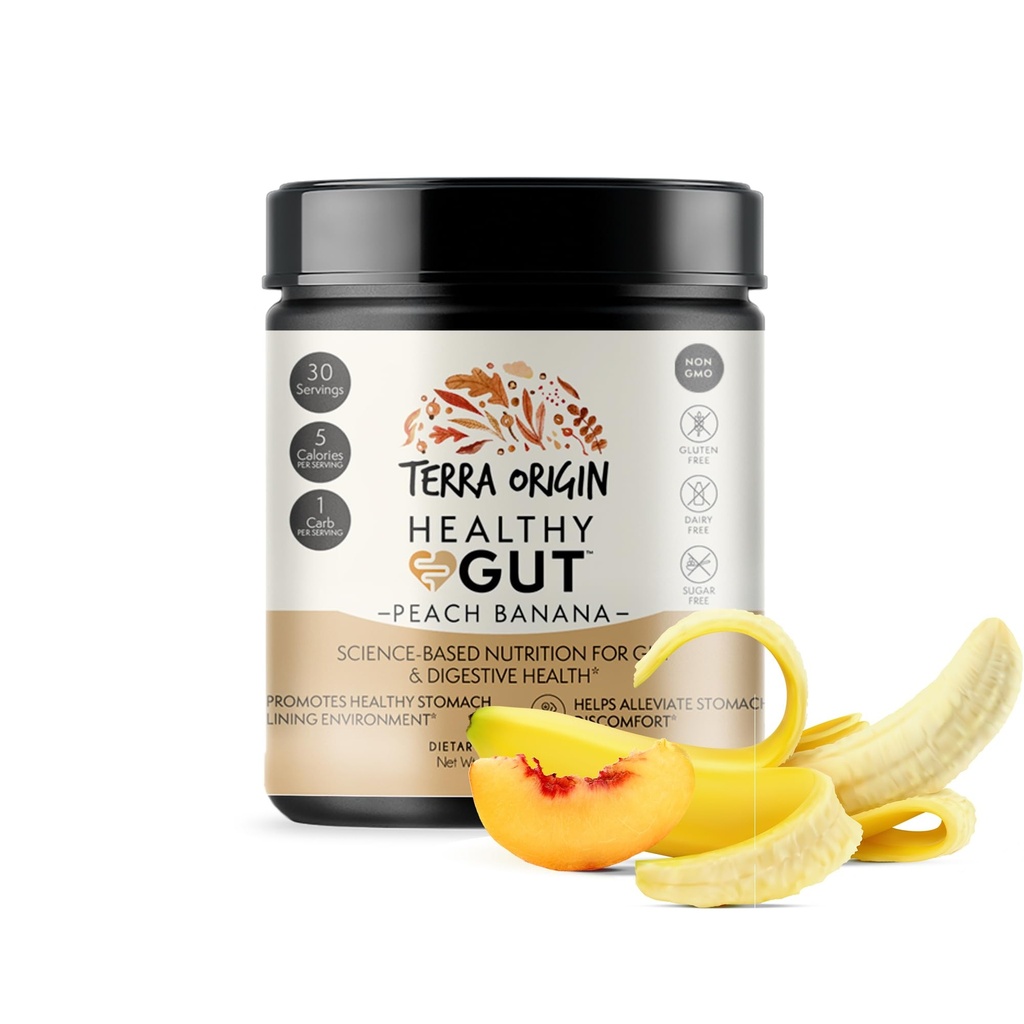 TERRA ORIGIN Sano Gut Peach Banana | 30-Servings con L-Glutamina, Zinco, Glucosamina, Slippery Elm Bark, Marshmallow Root e altro ancora!