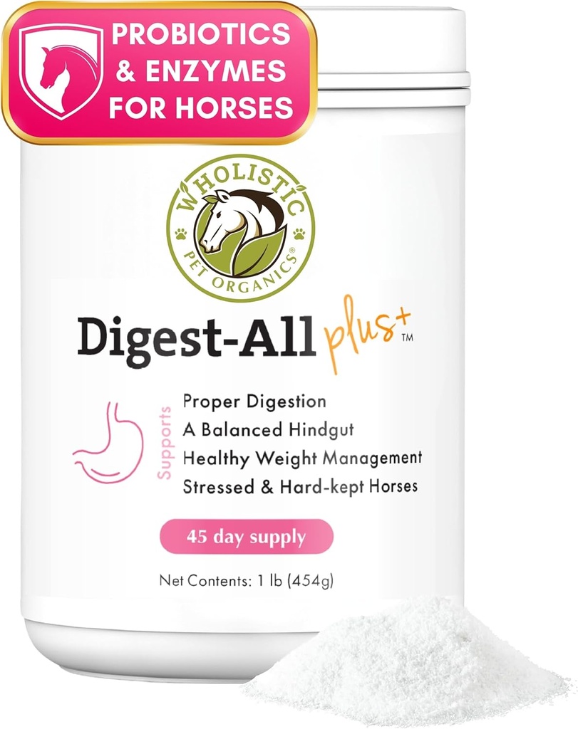 Wholistic Pet Organics Digest-All Plus: polvere di probiotici di cavallo - 1 Lb - Probiotici e prebiotici equini con enzimi digestivi - Supplementi digestivi per gas, costipazione e salute del fegato