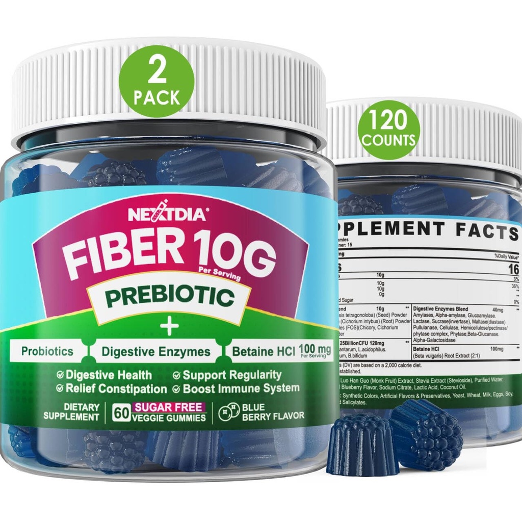 Gummie di fibre per adulti, Zucchero gratis 10g Prebiotico Supplemento di fibre con enzimi digestivi, Probiotici & 100mg Betaine per Digestivo & Gut Salute e Regolare il movimento del telo, Vegan, Gelatin Free, 120ct