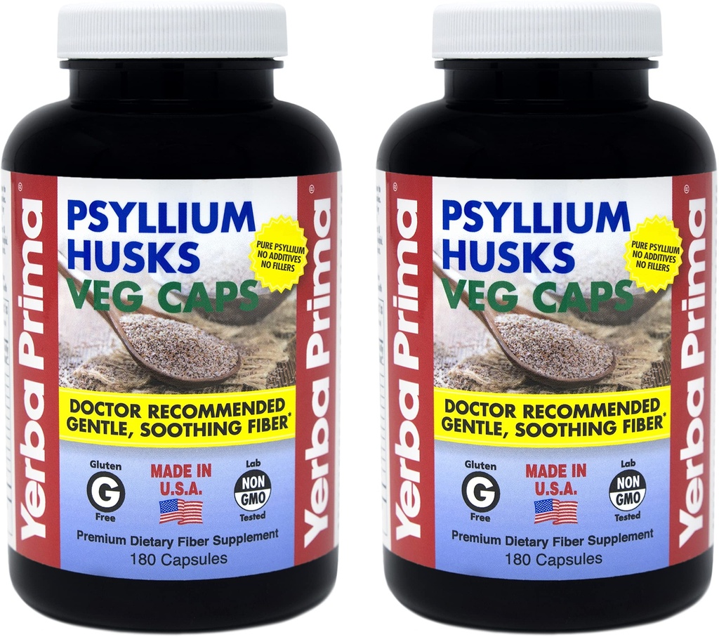 Yerba Prima Psyllium Husks Veg Caps - 180 Count (2 Pack) (625mg) - Vegan, Non OGM, Gluten Free, Colon Cleanser, Daily Fiber Supplement for Gut Health & Regularity
