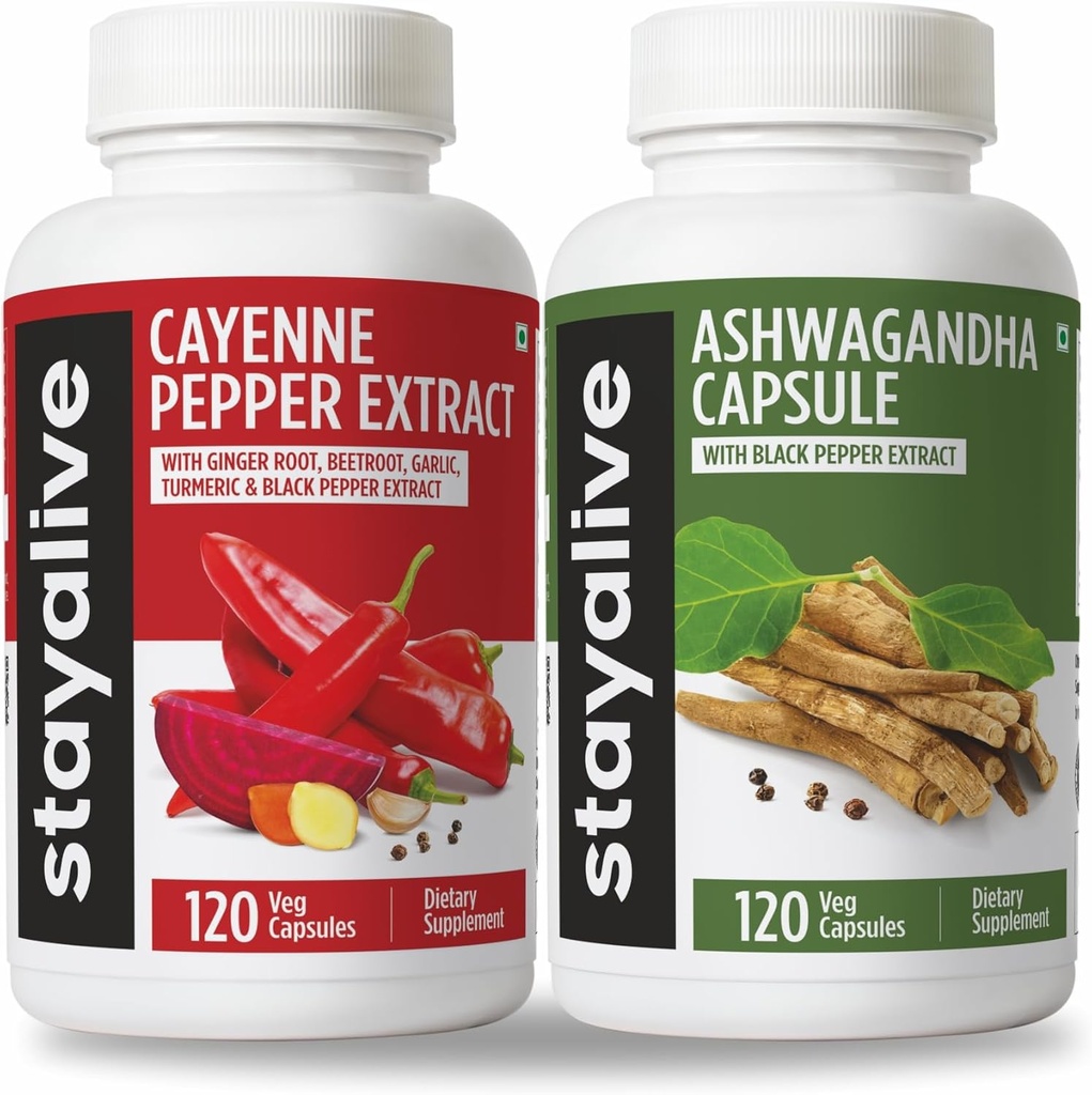 STAY ALIVE Cayenne e Ashwagandha Bundle w/Black Pepper Extract Capsules, 240 Vegan Pills, Non-GMO & Gluten Free Ashwagandha Cayenne Pepper Supplement