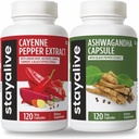 STAY ALIVE Cayenne e Ashwagandha Bundle w/Black Pepper Extract Capsules, 240 Vegan Pills, Non-GMO & Gluten Free Ashwagandha Cayenne Pepper Supplement