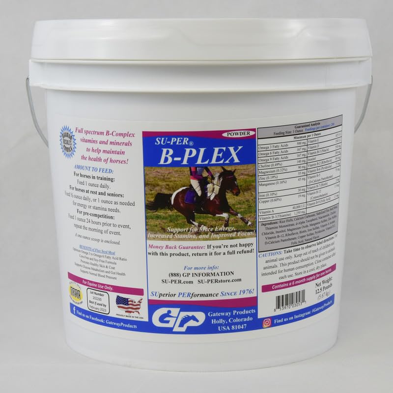 SU-PER B-Plex Powder Equine Vitamins - Integratore completo di B-Complex di vitamine e minerali - Hoove sane, globuli rossi, polvere di calma del cavallo - 12.5 Pounds, 6 mesi di alimentazione (180 giorni)