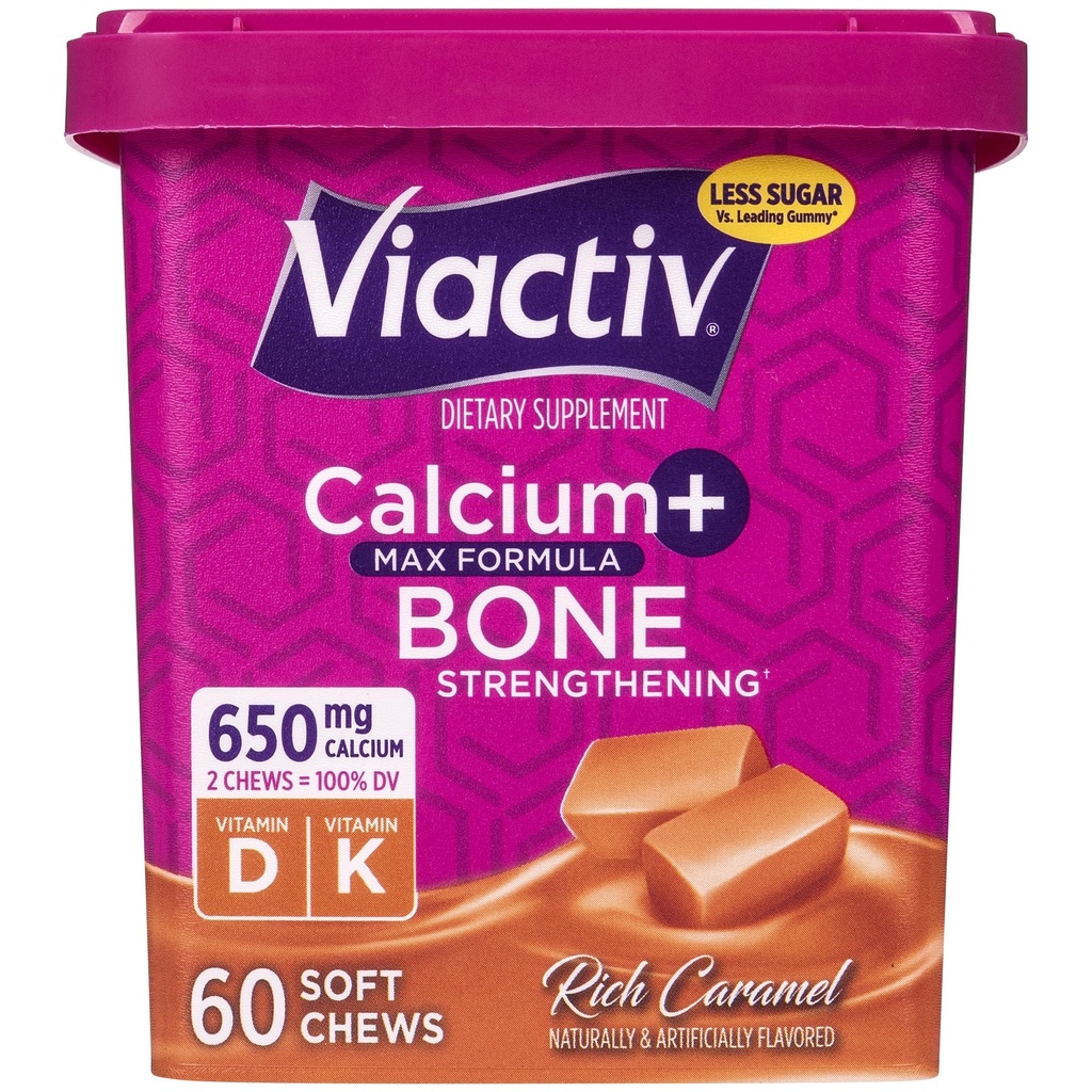 Viactiv Calcium + Vitamina D Supplemento Soft Chews for Women & Men - Calcium masticabile per Bone Health Support, 650 mg per Serving, Vitamina D & K per alto assorbimento - 60 Conte, Caramel