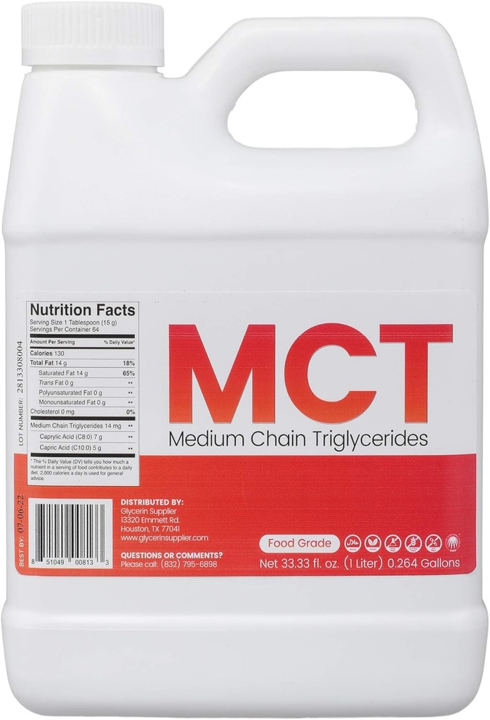 Olio MCT del fornitore di glicerina - 1 litro (33.33 Oz.) Grado alimentare - Non OGM - Halal - Vegan - Palm Derived sostenibile - per tinture, Nutrizione sportiva, Dieta Keto o Paleo, Energia pulita