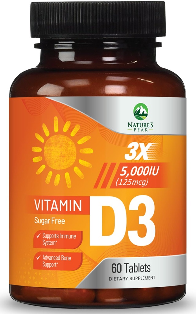 Vitamina D3 5000iu (125 mcg) Supporto per la salute immunitaria - Integratore alimentare di vitamina D ad alta potenza per ossa, denti, muscolo - VIT D della natura, vegano, senza glutine, aroma di lampone - 60 compresse masticabili