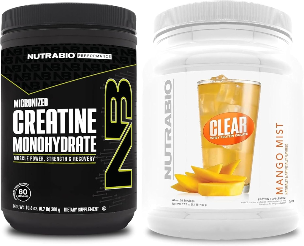 NutraBio Creatina monoidrato, non aromatizzato, (300 g) e Isolato di proteine di siero chiaro, (Mango Mist) Supplemento Bundle – Energia muscolare, Crescita massima, Recupero e Forza