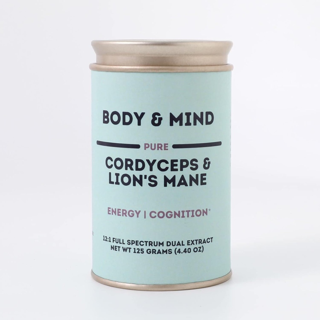 Body & Mind - Pure Organic Lion's Mane & Cordyceps Funghi 12:1 Dual Extract - Focus, Cognition, Energy, Endurance - 100% Fruiting Bodies - Aggiungi all'acqua/Tea///Smoothies - 125 Grammi