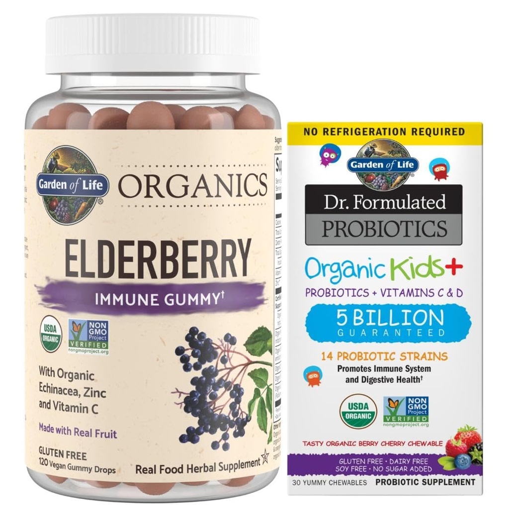 Orto della vita Organics Elderberry Gummies per adulti e bambini - Integratore di supporto immunitario & Dr. Formulated Probiotics Organic Kids+ Plus Vitamin C & D - Berry Cherry