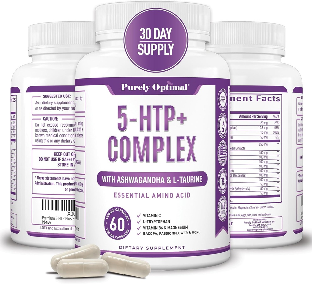 Premium 5-HTP Plus Supplemento 250mg Massima resistenza - Sleep Aid, Mood Boost, Promuove la calma e il rilassamento, Supporto per la gestione dello stress - Migliorato con la vitamina B6, senza glutine, non OGM, 60 tappi di verdure