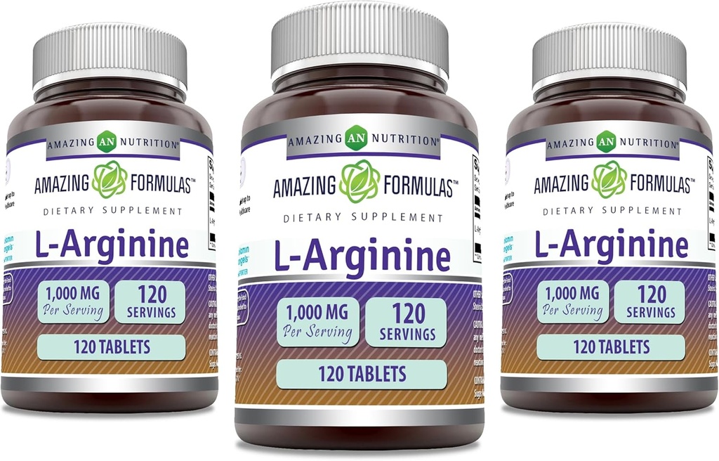 Incredibile Formulas L-Arginina Supplemento | 1000 Mg Per Serving | Compresse | Aminoacido Supplemento per donne & uomini | Non-GMO | Gluten Free | Made in USA (120 Count | 3 Pack)
