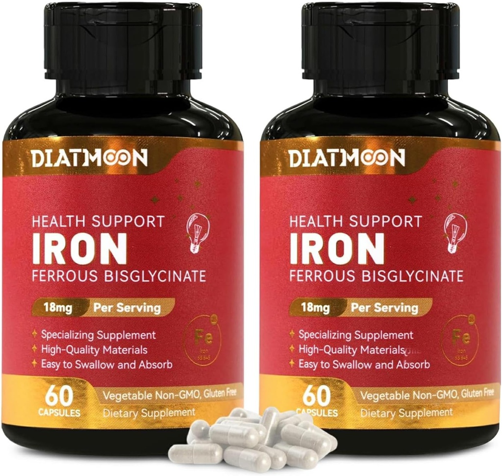 2 Pack Iron Supplement – Capsule Bisglycinate di Ferro ad Alta Assorbibile per Adulti, Alimentazione 120-Day, Vegan, Non OGM, Senza Glutine, Supporta Energia &amp; Benessere In generale