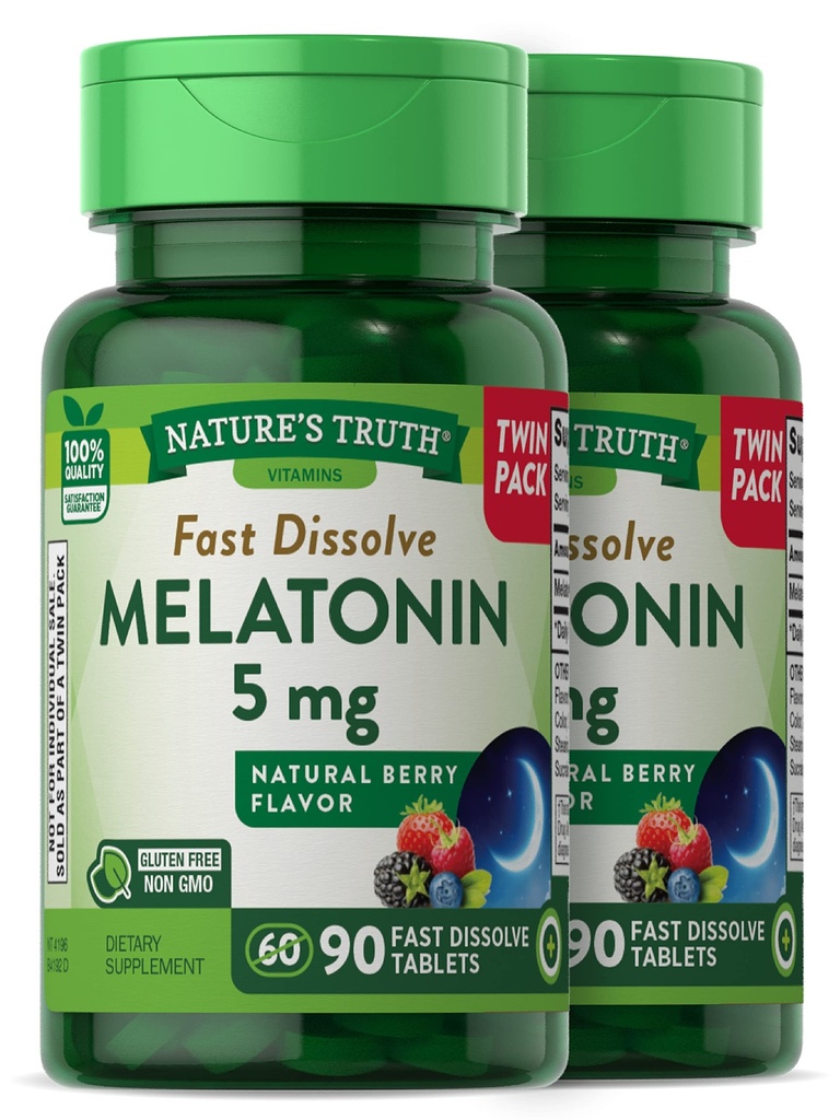 Melatonina della verità della natura 5 mg | 180 compresse dissolve veloci (2 X 90 Twin Pack) | Natural Berry Flavor | Vegetariano, Non OGM, Gluten Free Supplement