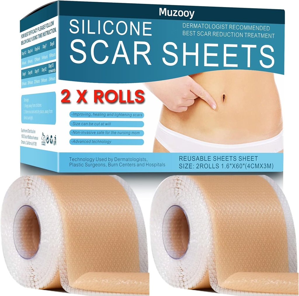 Fogli per cicatrici in silicone (2 rotoli), Nastro per cicatrici in silicone di grado medico, Strisce per la rimozione delle cicatrici per acne, Cicatrici a scoppio C-Sezione & Keloid Fogli di trattamento - 8 mesi di alimentazione