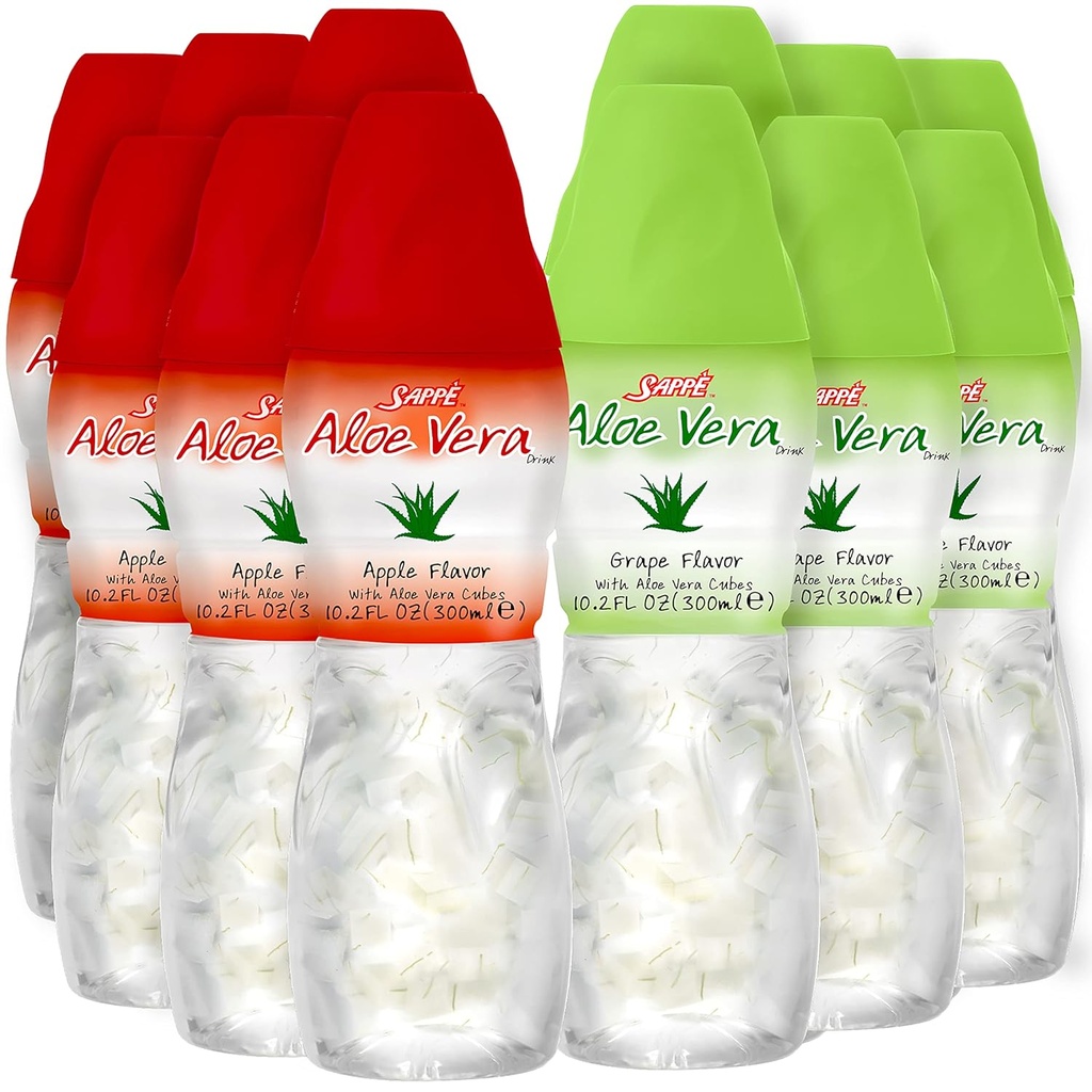 Succo di aloe vera (Grape & Apple) Bevanda di aloe vera con pezzi più grandi di polpa di aloe pura (12 confezioni) Succo a base vegetale grande per idratazione e contiene grande polpa di aloe. Il succo di aloe vera è sano