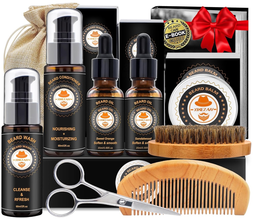 XIKEZAN Beard Kit per gli uomini Grooming & Care w/Beard Condizionatore, Lavare, Olio, Balm, Spazzola, Pettine,Padre San Valentino Regali per gli uomini Lui Papà Marito Fidanzato Regali di Natale Uomo Stocking Stuffer