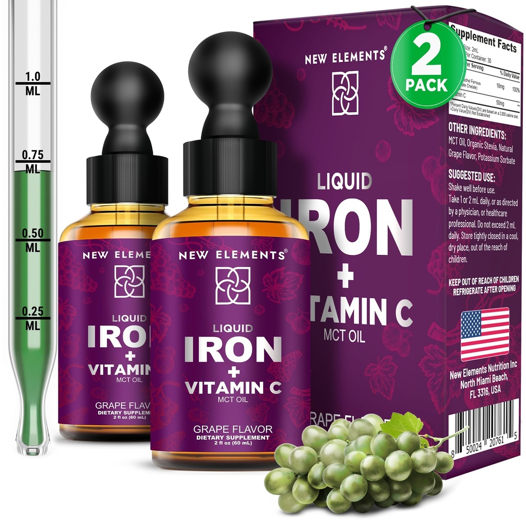 [2 Pack] Supplemento di ferro liquido con vitamina C – 18mg di ferro & 50mg di vitamina C per il supporto dell'anemia – Gocce di sangue per le donne e gli uomini – assorbimento rapido, aumenta l'energia e l'immunità – Vegan, non OGM