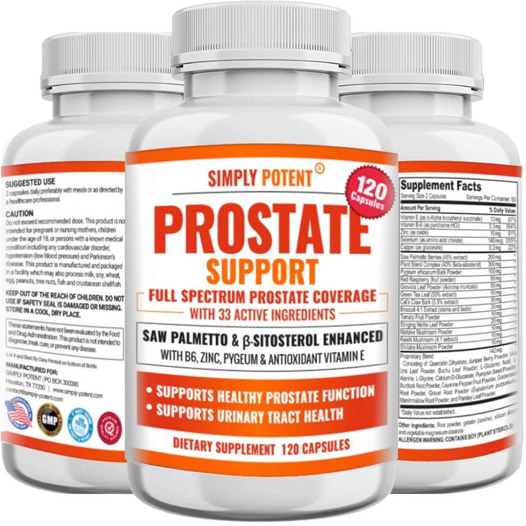 Integratori di prostata per gli uomini (120 capsule), Saw Palmetto Prostate Health Support - 33 Vitamine & Erbe - Beta Sitosterol Plus B6, Selenium & Zinc per una frequenza di urinazione sana & Flow & Proper Sleep