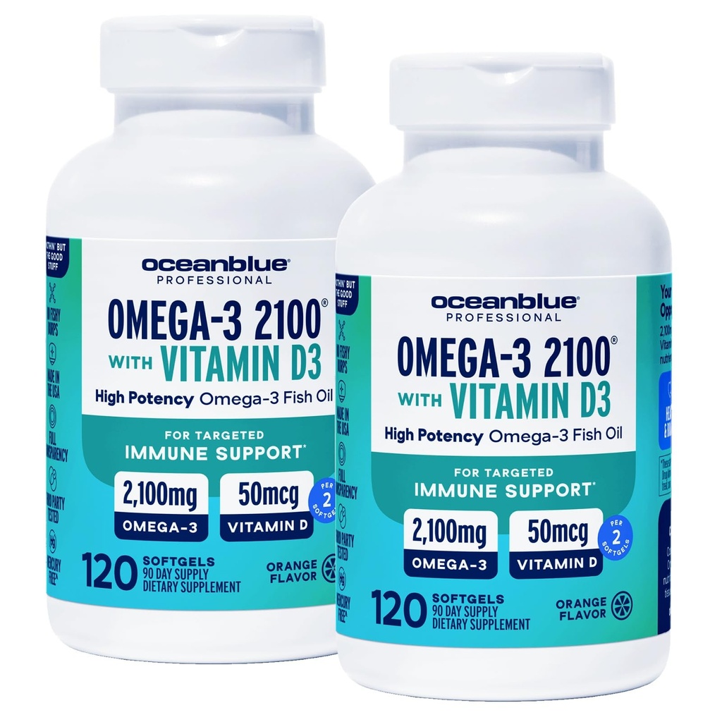 Oceanblue Professional Omega-3 2100 con vitamina D3 – 120 ct - 2pack – Triple Strength Burpless Fish Oil Supplemento con EPA ad alta potenza, DHA, DPA e vitamina D3 – Wild-Caught – Arancione Flavor