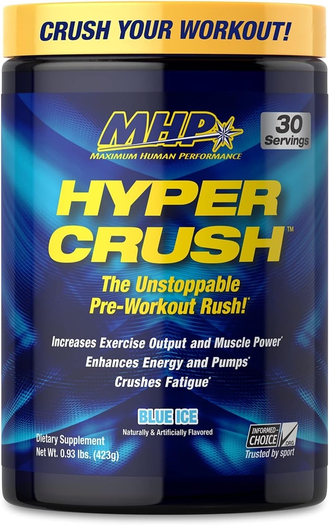 MHP HYPER CRUSH Pre Workout energy drink creatina beta alanina nitric oxide pompa citrulline AKG 30 Servings, Blue Ice, 14.88 Ounce