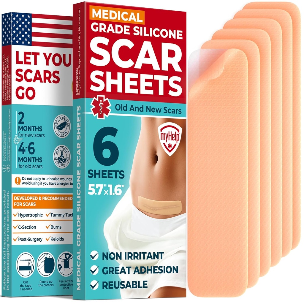 Fogli per cicatrici in silicone di grado medico - 6pk (5.7”x1.6”) - Differenza visibile sui segni chirurgici e Keloid - Strisce in silicone riutilizzabili della cicatrice C-Sezione - Facile da usare strisce