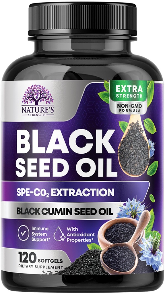Capsule di olio di semi neri 1000mg con Thymoquinone - Pure Nigella Sativa per la salute della pelle e il supporto immunitario, olio di semi neri al 100%, estrazione sorprendente sopra il seme nero pressato a freddo - 120 Softgels