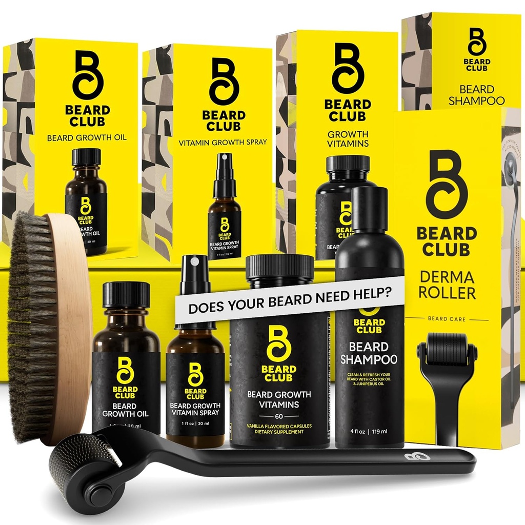 Il Beard Club Advanced Beard Growth Kit - Rullo Derma, Olio di Crescita, Vitamine e Spruzzo Vitamina, Spazzola Shampoo e Boar - Set Regalo - Cedro