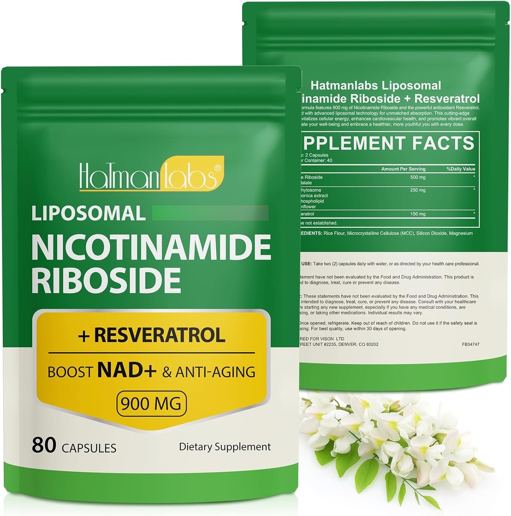 NAD+ Integratore con Nicotinamide Riboside-Liposomal Nicotinamide Riboside 900Mg,Resveratrolo ad alta purezza NAD Supplemento per Anti-invecchiamento,Energia, capsule Focus-80