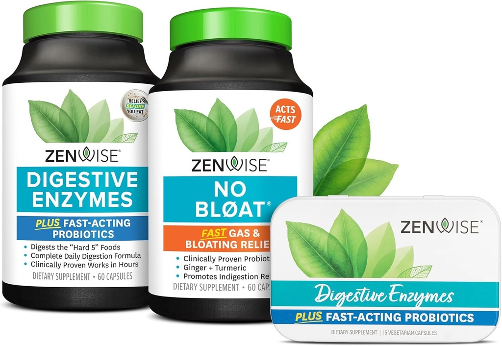 Zenwise Health Bliss Bundle Digestive Enzymes + No Bloat + Free Travel Tin - Pre e Post Meal Digestive Routine con enzimi e probiotici per Digestione