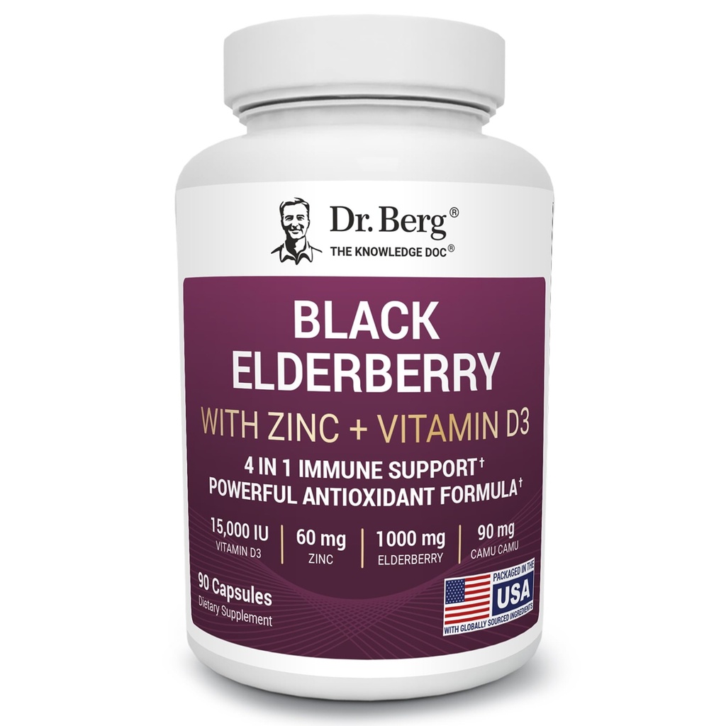 Dr. Berg Black Elderberry Capsules (Advanced Immune Support*) con 15.000 IU Vitamin D, 60 mg di Zinco, & 90 mg di Camu Camu - (4-in-1) Sambucus Elderberry Immune Support Supplement - 90 Capsule