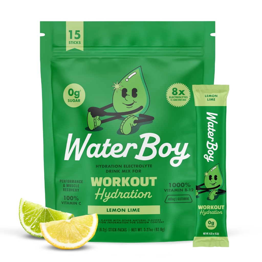 Idratazione di allenamento di Waterboy | 2,960mg Zucchero gratis Electrolyte Powder Packets | L-Glutamine + Vitamine | No Sugar, Tutto naturale, Gluten Free | 15 Bevande Stick Mixs (Lime di lemone)
