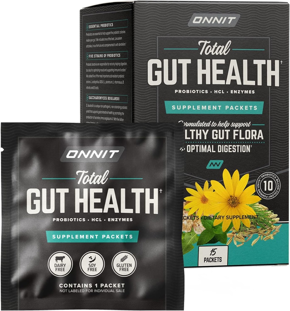 Onnit Total Gut Health: Daily Prebiotic, Probiotic e Digestive Enzyme Packets (15 Pack)